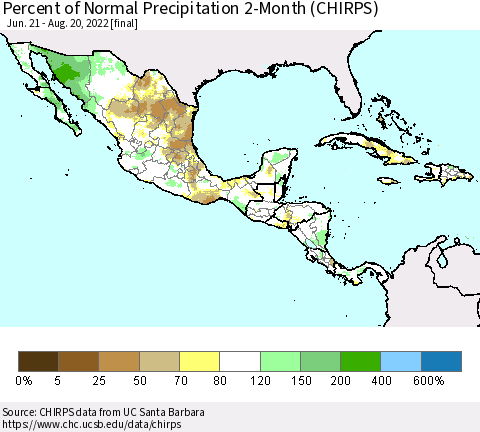 Mexico Central America and the Caribbean Percent of Normal Precipitation 2-Month (CHIRPS) Thematic Map For 6/21/2022 - 8/20/2022