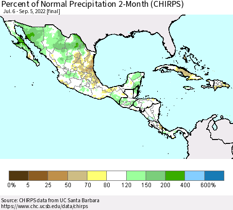 Mexico Central America and the Caribbean Percent of Normal Precipitation 2-Month (CHIRPS) Thematic Map For 7/6/2022 - 9/5/2022
