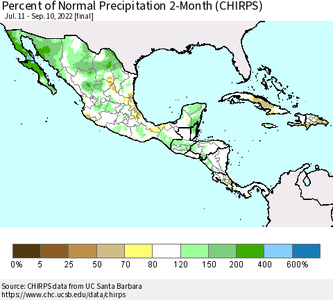 Mexico Central America and the Caribbean Percent of Normal Precipitation 2-Month (CHIRPS) Thematic Map For 7/11/2022 - 9/10/2022
