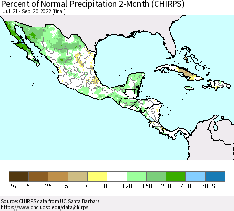 Mexico Central America and the Caribbean Percent of Normal Precipitation 2-Month (CHIRPS) Thematic Map For 7/21/2022 - 9/20/2022
