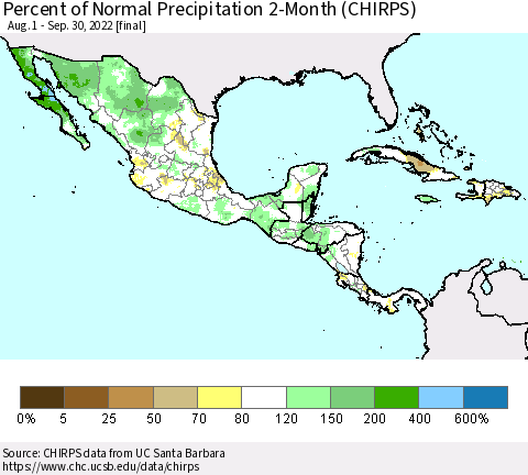 Mexico Central America and the Caribbean Percent of Normal Precipitation 2-Month (CHIRPS) Thematic Map For 8/1/2022 - 9/30/2022