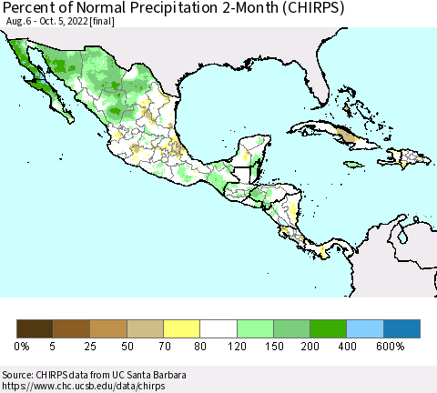Mexico Central America and the Caribbean Percent of Normal Precipitation 2-Month (CHIRPS) Thematic Map For 8/6/2022 - 10/5/2022