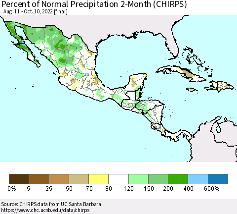 Mexico Central America and the Caribbean Percent of Normal Precipitation 2-Month (CHIRPS) Thematic Map For 8/11/2022 - 10/10/2022