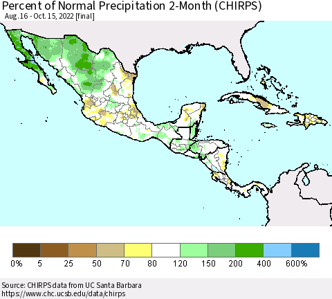 Mexico Central America and the Caribbean Percent of Normal Precipitation 2-Month (CHIRPS) Thematic Map For 8/16/2022 - 10/15/2022