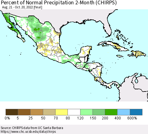 Mexico Central America and the Caribbean Percent of Normal Precipitation 2-Month (CHIRPS) Thematic Map For 8/21/2022 - 10/20/2022