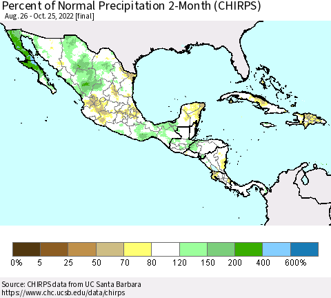 Mexico Central America and the Caribbean Percent of Normal Precipitation 2-Month (CHIRPS) Thematic Map For 8/26/2022 - 10/25/2022