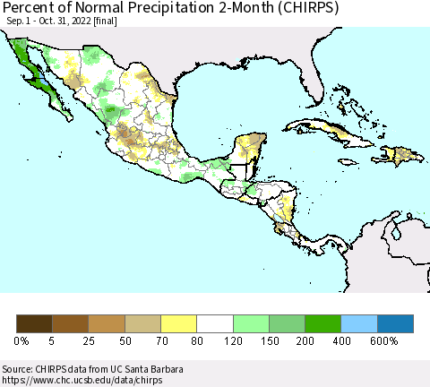 Mexico Central America and the Caribbean Percent of Normal Precipitation 2-Month (CHIRPS) Thematic Map For 9/1/2022 - 10/31/2022