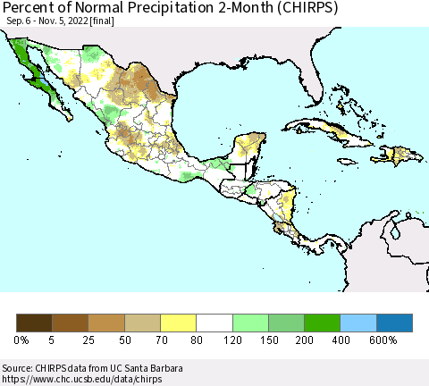 Mexico Central America and the Caribbean Percent of Normal Precipitation 2-Month (CHIRPS) Thematic Map For 9/6/2022 - 11/5/2022