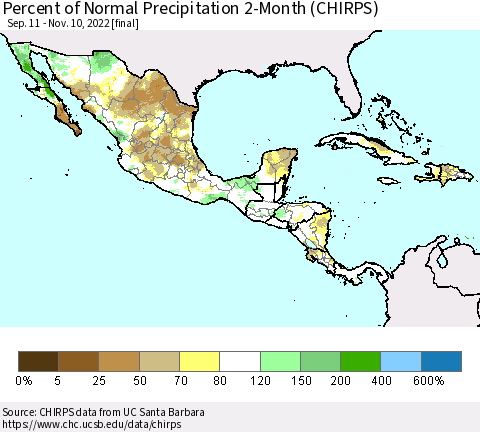 Mexico Central America and the Caribbean Percent of Normal Precipitation 2-Month (CHIRPS) Thematic Map For 9/11/2022 - 11/10/2022
