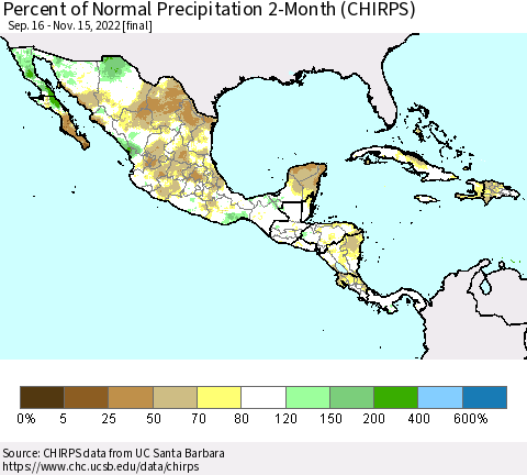 Mexico Central America and the Caribbean Percent of Normal Precipitation 2-Month (CHIRPS) Thematic Map For 9/16/2022 - 11/15/2022