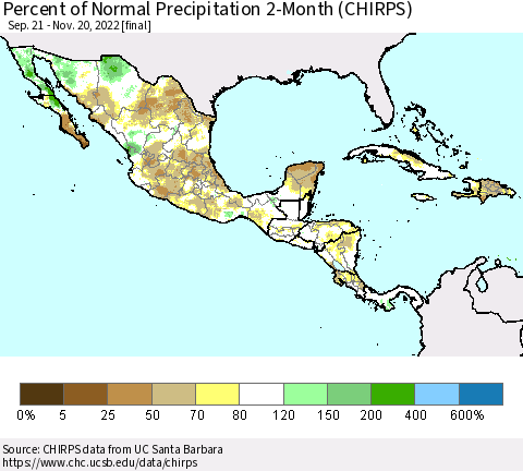Mexico Central America and the Caribbean Percent of Normal Precipitation 2-Month (CHIRPS) Thematic Map For 9/21/2022 - 11/20/2022