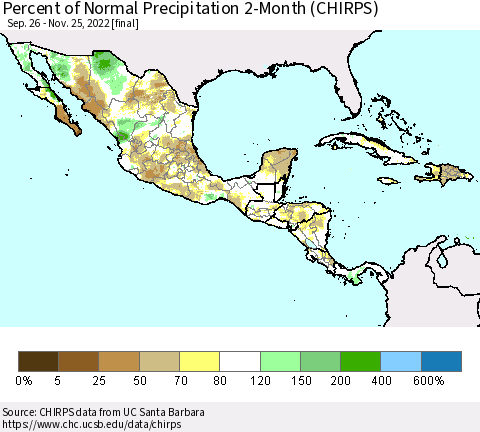 Mexico Central America and the Caribbean Percent of Normal Precipitation 2-Month (CHIRPS) Thematic Map For 9/26/2022 - 11/25/2022