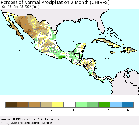 Mexico Central America and the Caribbean Percent of Normal Precipitation 2-Month (CHIRPS) Thematic Map For 10/16/2022 - 12/15/2022
