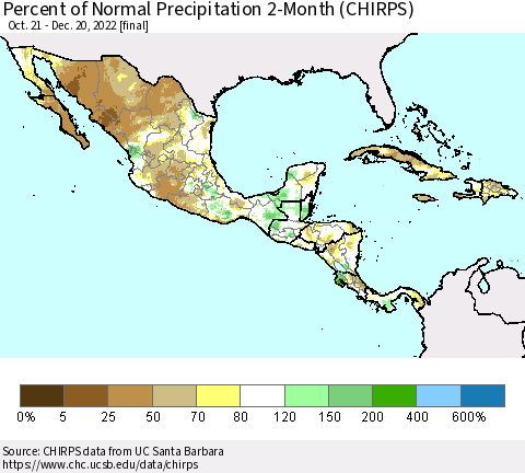 Mexico Central America and the Caribbean Percent of Normal Precipitation 2-Month (CHIRPS) Thematic Map For 10/21/2022 - 12/20/2022