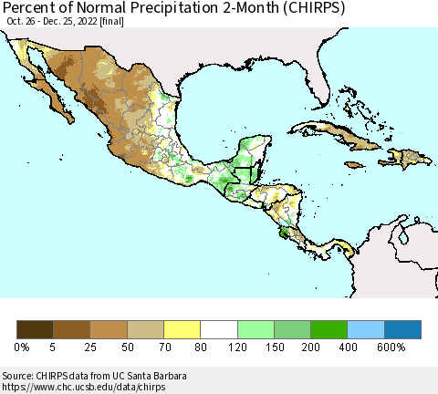Mexico Central America and the Caribbean Percent of Normal Precipitation 2-Month (CHIRPS) Thematic Map For 10/26/2022 - 12/25/2022
