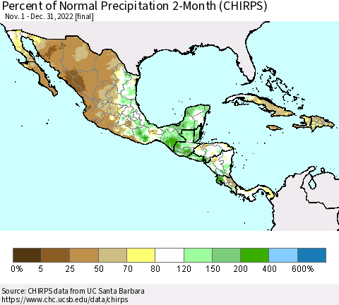 Mexico Central America and the Caribbean Percent of Normal Precipitation 2-Month (CHIRPS) Thematic Map For 11/1/2022 - 12/31/2022