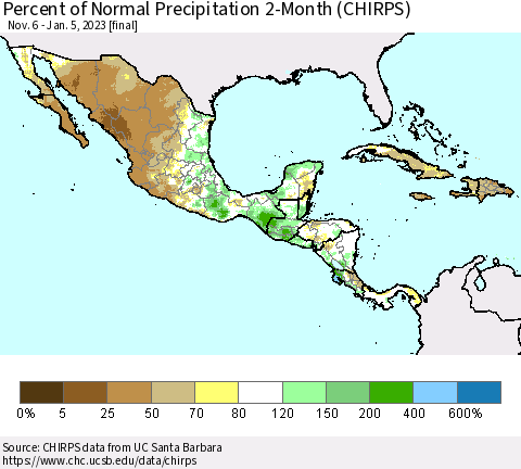 Mexico Central America and the Caribbean Percent of Normal Precipitation 2-Month (CHIRPS) Thematic Map For 11/6/2022 - 1/5/2023