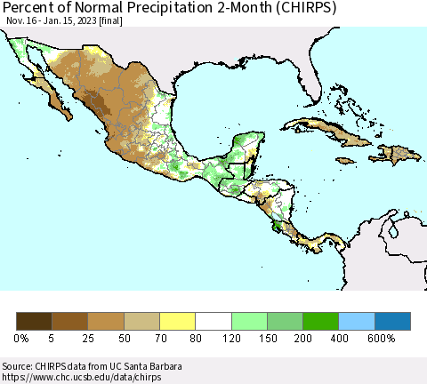 Mexico Central America and the Caribbean Percent of Normal Precipitation 2-Month (CHIRPS) Thematic Map For 11/16/2022 - 1/15/2023