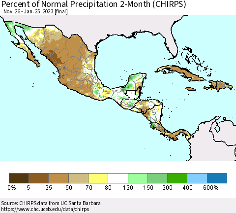 Mexico Central America and the Caribbean Percent of Normal Precipitation 2-Month (CHIRPS) Thematic Map For 11/26/2022 - 1/25/2023