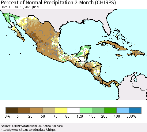 Mexico Central America and the Caribbean Percent of Normal Precipitation 2-Month (CHIRPS) Thematic Map For 12/1/2022 - 1/31/2023