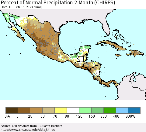 Mexico Central America and the Caribbean Percent of Normal Precipitation 2-Month (CHIRPS) Thematic Map For 12/16/2022 - 2/15/2023