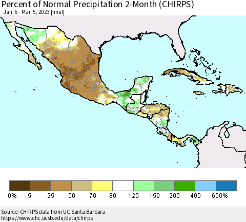 Mexico Central America and the Caribbean Percent of Normal Precipitation 2-Month (CHIRPS) Thematic Map For 1/6/2023 - 3/5/2023