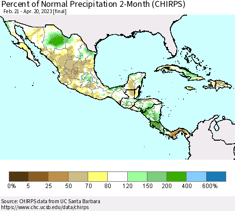 Mexico Central America and the Caribbean Percent of Normal Precipitation 2-Month (CHIRPS) Thematic Map For 2/21/2023 - 4/20/2023