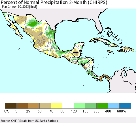 Mexico Central America and the Caribbean Percent of Normal Precipitation 2-Month (CHIRPS) Thematic Map For 3/1/2023 - 4/30/2023
