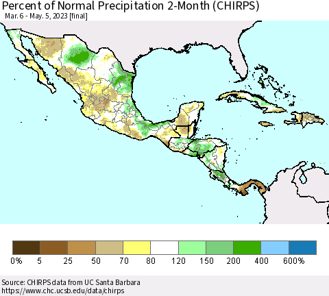 Mexico Central America and the Caribbean Percent of Normal Precipitation 2-Month (CHIRPS) Thematic Map For 3/6/2023 - 5/5/2023