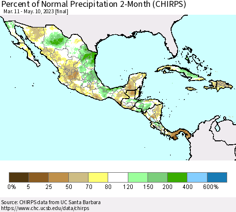 Mexico Central America and the Caribbean Percent of Normal Precipitation 2-Month (CHIRPS) Thematic Map For 3/11/2023 - 5/10/2023