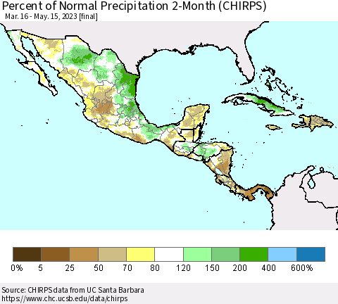 Mexico Central America and the Caribbean Percent of Normal Precipitation 2-Month (CHIRPS) Thematic Map For 3/16/2023 - 5/15/2023