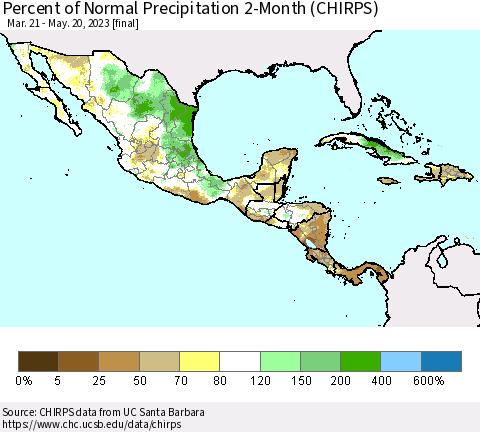 Mexico Central America and the Caribbean Percent of Normal Precipitation 2-Month (CHIRPS) Thematic Map For 3/21/2023 - 5/20/2023