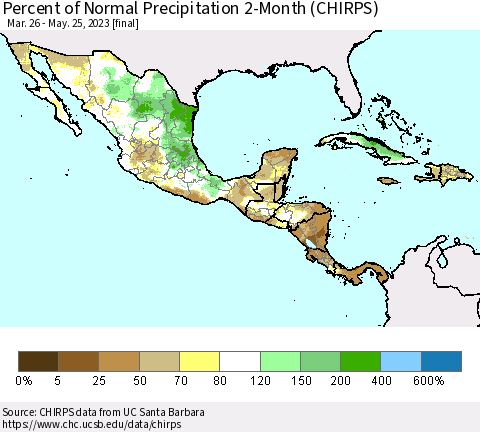 Mexico Central America and the Caribbean Percent of Normal Precipitation 2-Month (CHIRPS) Thematic Map For 3/26/2023 - 5/25/2023