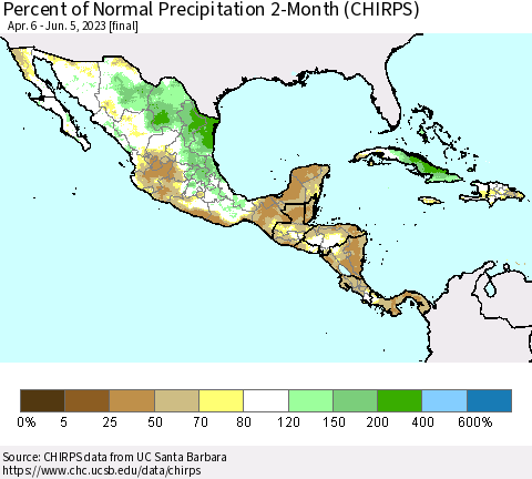 Mexico Central America and the Caribbean Percent of Normal Precipitation 2-Month (CHIRPS) Thematic Map For 4/6/2023 - 6/5/2023