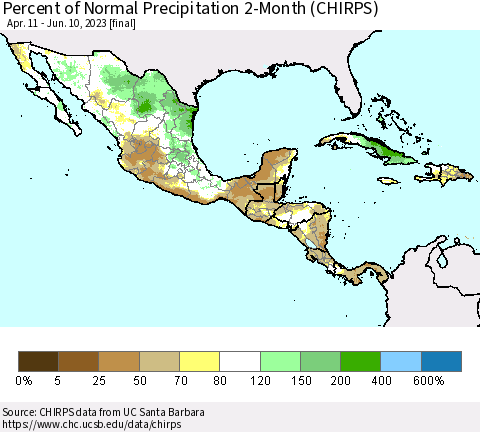 Mexico Central America and the Caribbean Percent of Normal Precipitation 2-Month (CHIRPS) Thematic Map For 4/11/2023 - 6/10/2023