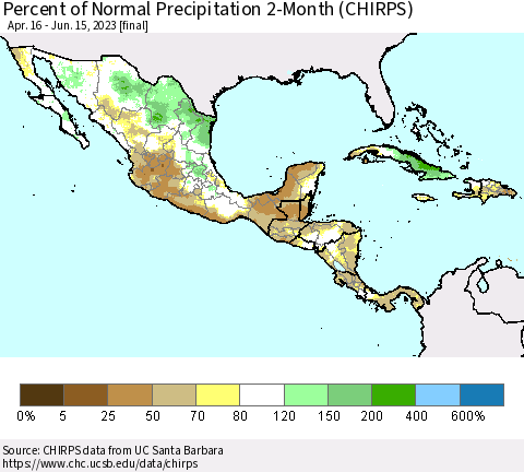 Mexico Central America and the Caribbean Percent of Normal Precipitation 2-Month (CHIRPS) Thematic Map For 4/16/2023 - 6/15/2023