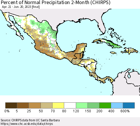 Mexico Central America and the Caribbean Percent of Normal Precipitation 2-Month (CHIRPS) Thematic Map For 4/21/2023 - 6/20/2023
