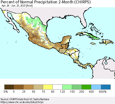 Mexico Central America and the Caribbean Percent of Normal Precipitation 2-Month (CHIRPS) Thematic Map For 4/26/2023 - 6/25/2023