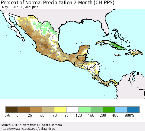 Mexico Central America and the Caribbean Percent of Normal Precipitation 2-Month (CHIRPS) Thematic Map For 5/1/2023 - 6/30/2023