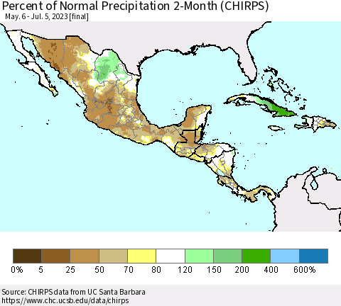 Mexico Central America and the Caribbean Percent of Normal Precipitation 2-Month (CHIRPS) Thematic Map For 5/6/2023 - 7/5/2023