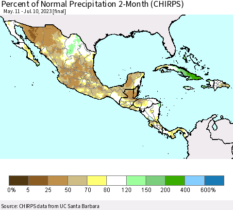 Mexico Central America and the Caribbean Percent of Normal Precipitation 2-Month (CHIRPS) Thematic Map For 5/11/2023 - 7/10/2023