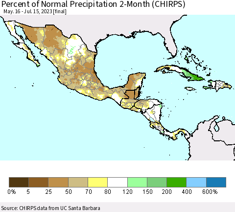 Mexico Central America and the Caribbean Percent of Normal Precipitation 2-Month (CHIRPS) Thematic Map For 5/16/2023 - 7/15/2023