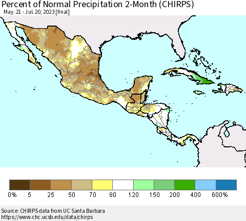Mexico Central America and the Caribbean Percent of Normal Precipitation 2-Month (CHIRPS) Thematic Map For 5/21/2023 - 7/20/2023