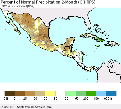 Mexico Central America and the Caribbean Percent of Normal Precipitation 2-Month (CHIRPS) Thematic Map For 5/26/2023 - 7/25/2023