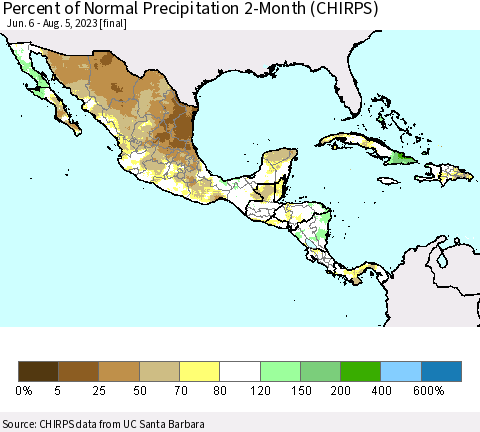 Mexico Central America and the Caribbean Percent of Normal Precipitation 2-Month (CHIRPS) Thematic Map For 6/6/2023 - 8/5/2023