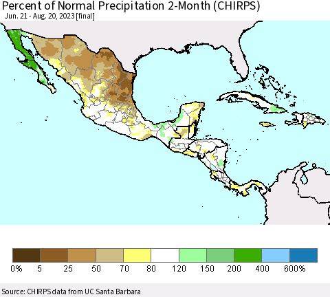 Mexico Central America and the Caribbean Percent of Normal Precipitation 2-Month (CHIRPS) Thematic Map For 6/21/2023 - 8/20/2023