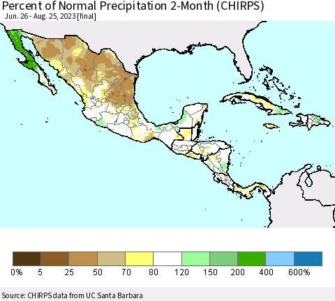 Mexico Central America and the Caribbean Percent of Normal Precipitation 2-Month (CHIRPS) Thematic Map For 6/26/2023 - 8/25/2023