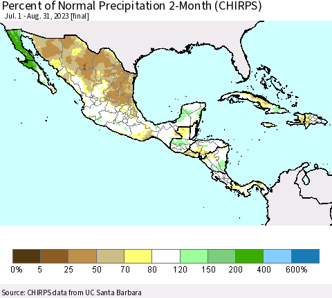 Mexico Central America and the Caribbean Percent of Normal Precipitation 2-Month (CHIRPS) Thematic Map For 7/1/2023 - 8/31/2023
