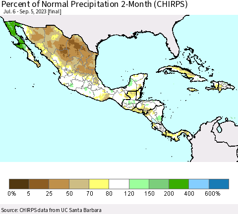 Mexico Central America and the Caribbean Percent of Normal Precipitation 2-Month (CHIRPS) Thematic Map For 7/6/2023 - 9/5/2023