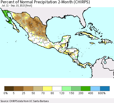 Mexico Central America and the Caribbean Percent of Normal Precipitation 2-Month (CHIRPS) Thematic Map For 7/11/2023 - 9/10/2023